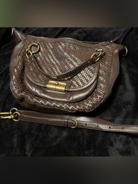 Coach Brown Woven Leather Convertible Satchel Crossbody Bag F19312